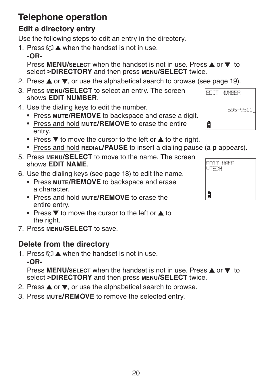 Edit a directory entry, Delete from the directory, Telephone operation | VTech Dect 6.0 DS6211-4 User Manual | Page 23 / 49