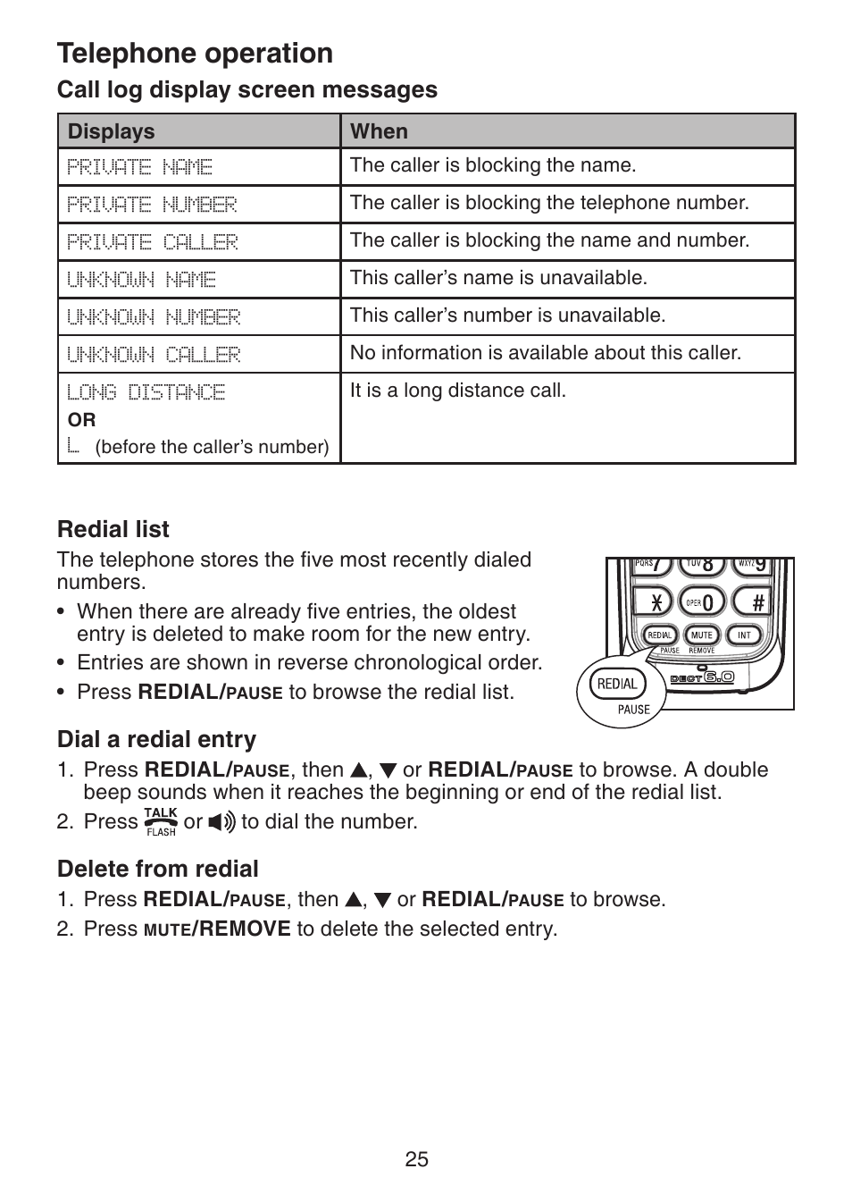 Call log display screen, Messages, Redial list | Dial a redial entry, Delete from redial, Telephone operation, Call log display screen messages | VTech Dect 6.0 DS6211-4 User Manual | Page 28 / 49