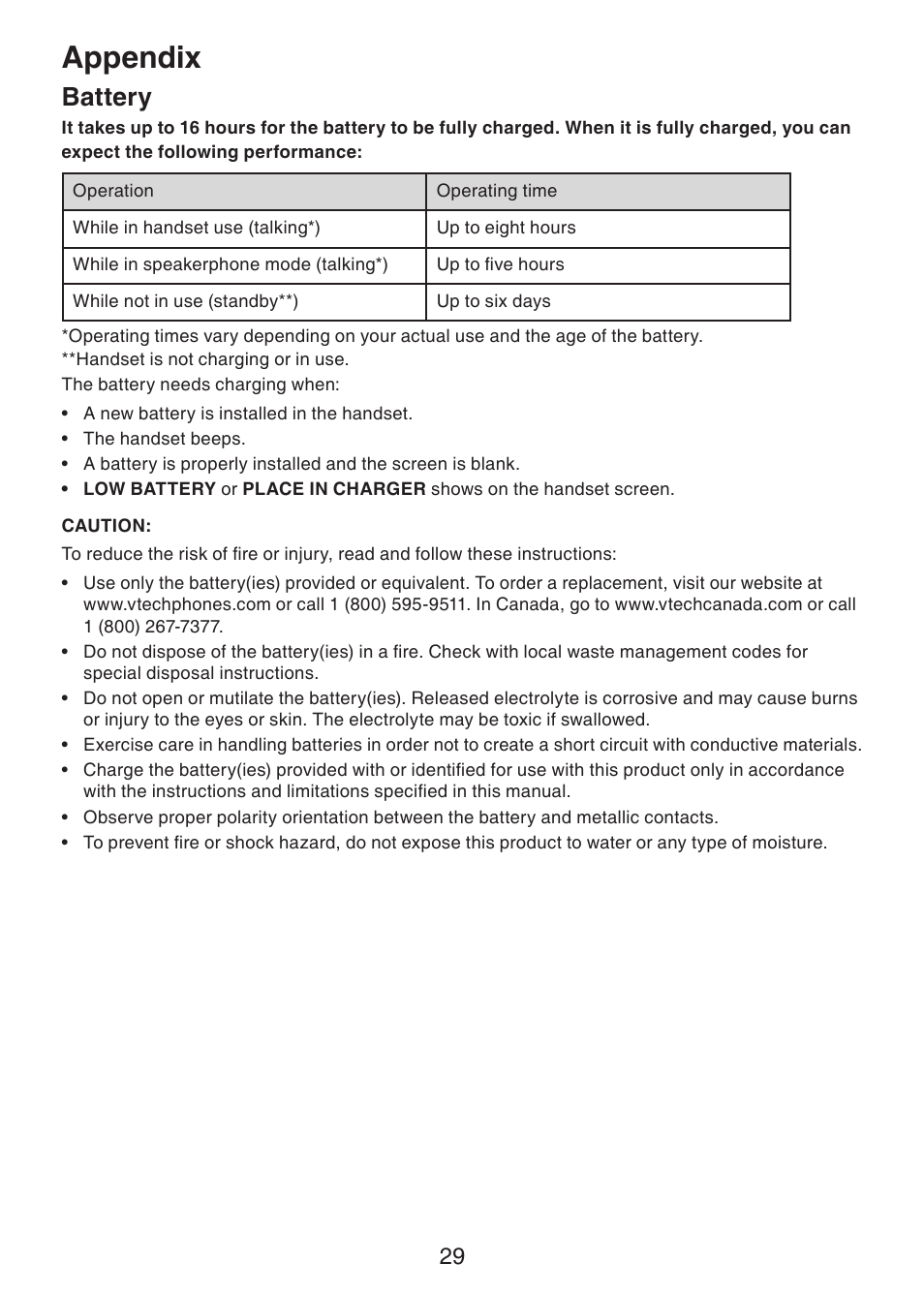 Battery, Appendix | VTech Dect 6.0 DS6211-4 User Manual | Page 32 / 49