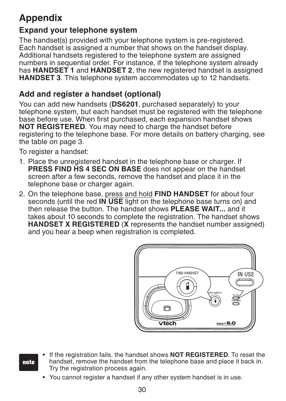 Expand your telephone system, Add and register a handset, Optional) | Appendix | VTech Dect 6.0 DS6211-4 User Manual | Page 33 / 49