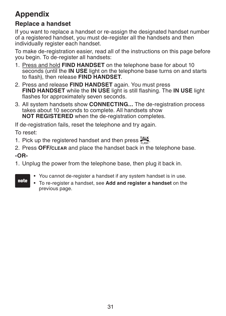 Replace a handset, Appendix | VTech Dect 6.0 DS6211-4 User Manual | Page 34 / 49
