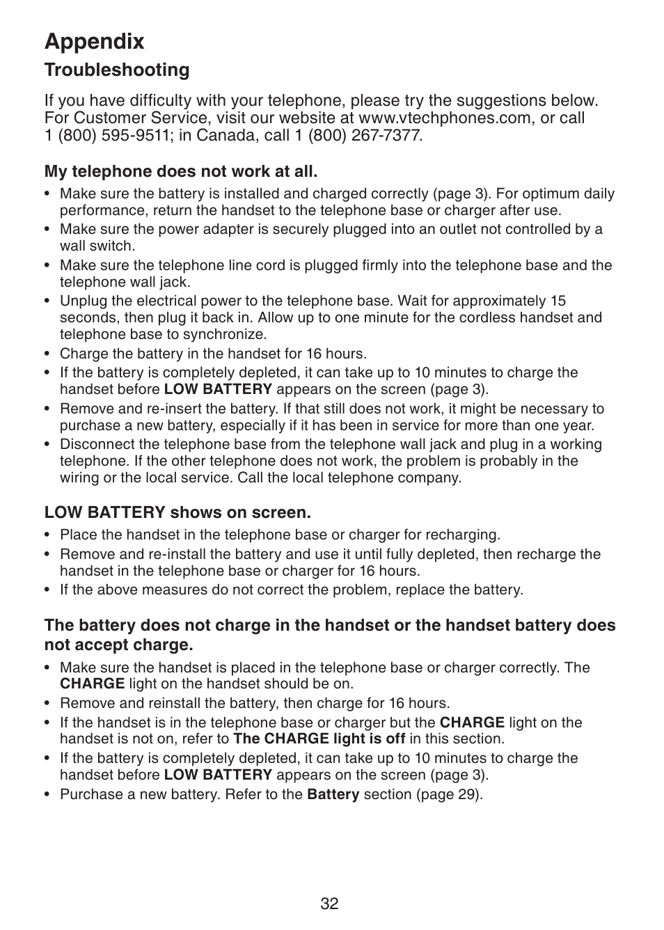 Troubleshooting, Appendix | VTech Dect 6.0 DS6211-4 User Manual | Page 35 / 49