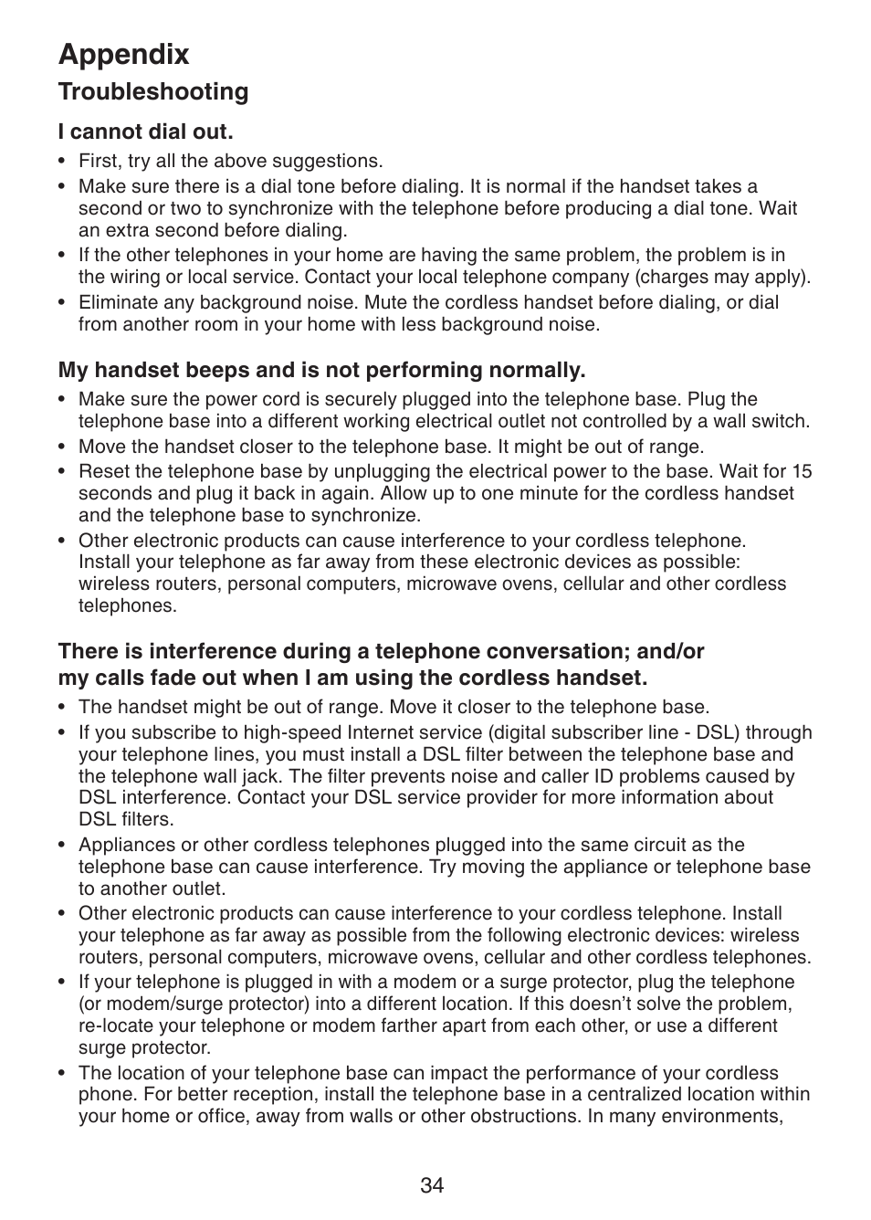 Appendix, Troubleshooting | VTech Dect 6.0 DS6211-4 User Manual | Page 37 / 49