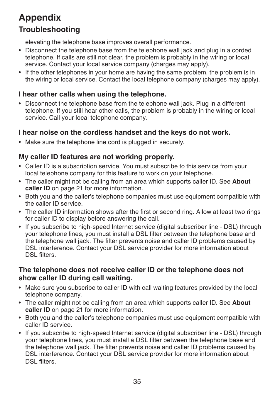 Appendix, Troubleshooting | VTech Dect 6.0 DS6211-4 User Manual | Page 38 / 49