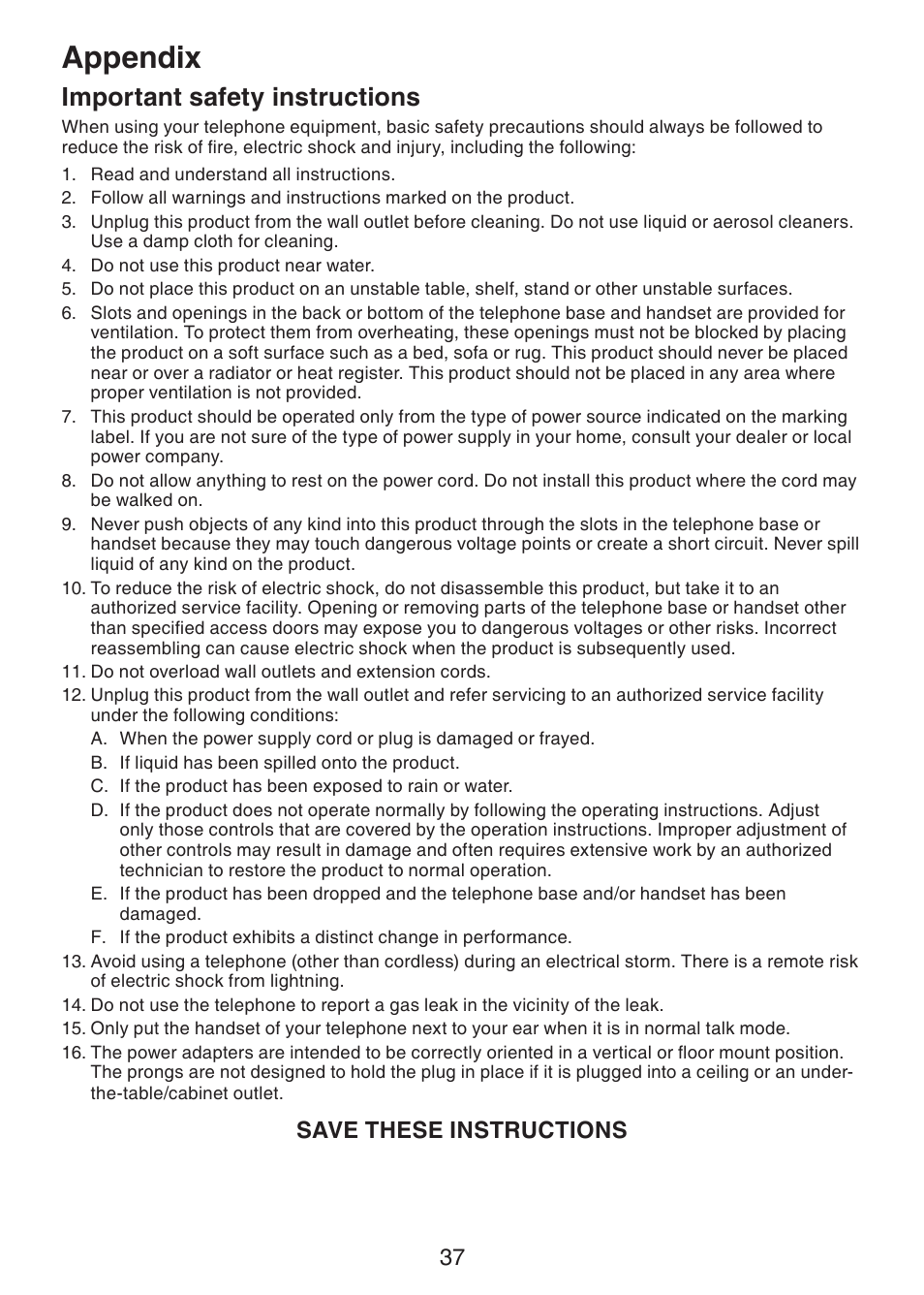 Important safety instructions, Appendix, Save these instructions | VTech Dect 6.0 DS6211-4 User Manual | Page 40 / 49