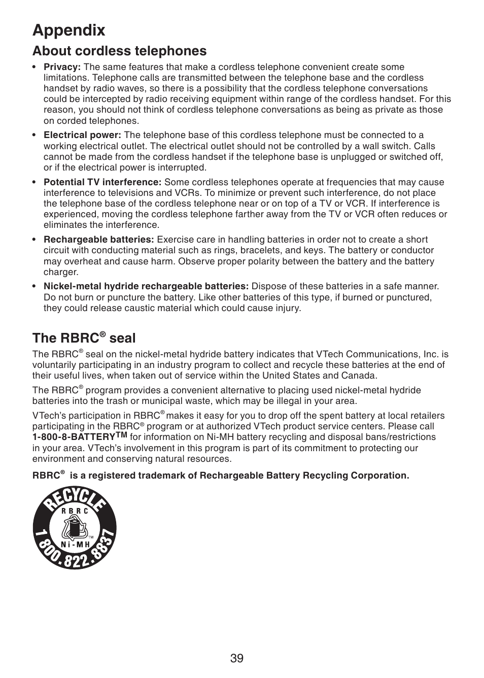 About cordless telephones, The rbrc, Seal | Appendix | VTech Dect 6.0 DS6211-4 User Manual | Page 42 / 49