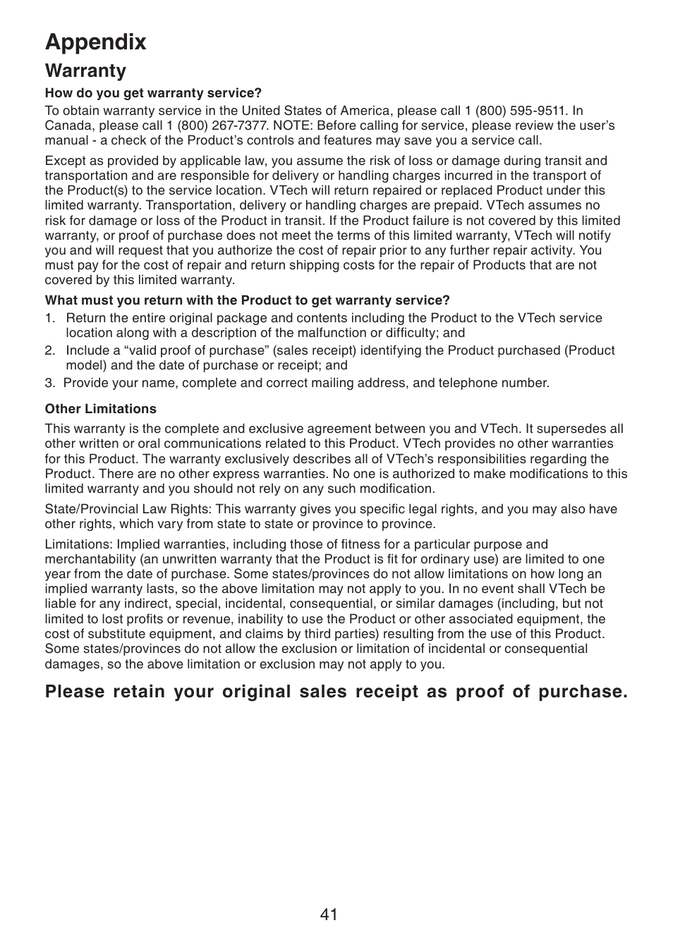 Appendix, Warranty | VTech Dect 6.0 DS6211-4 User Manual | Page 44 / 49