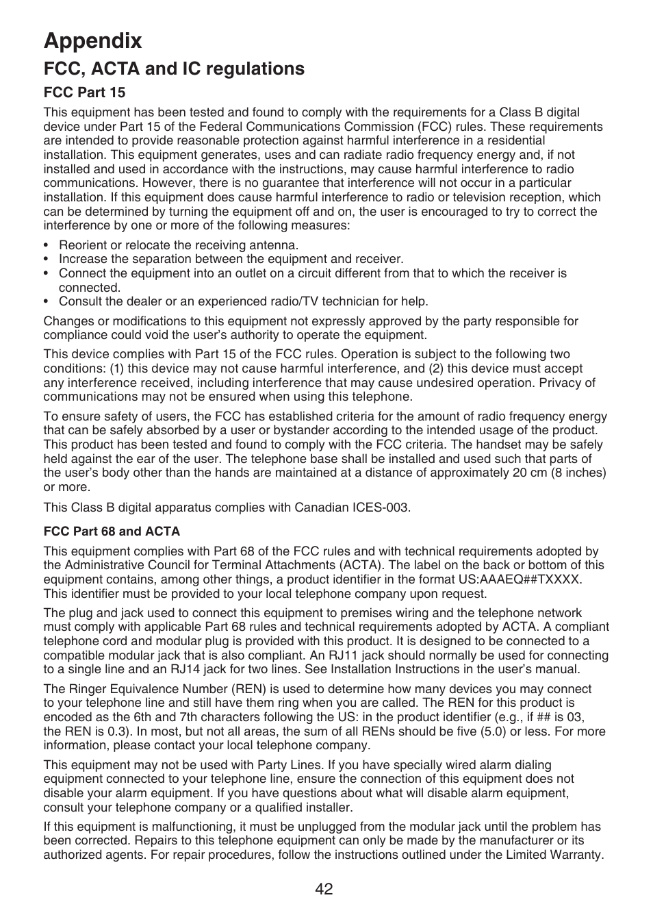 Fcc, acta and ic regulations, Appendix | VTech Dect 6.0 DS6211-4 User Manual | Page 45 / 49