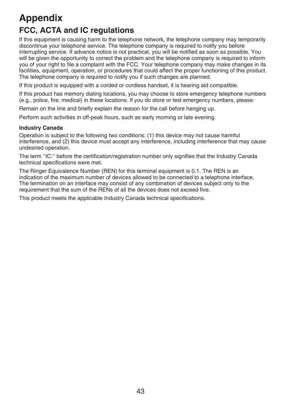 Appendix, Fcc, acta and ic regulations | VTech Dect 6.0 DS6211-4 User Manual | Page 46 / 49