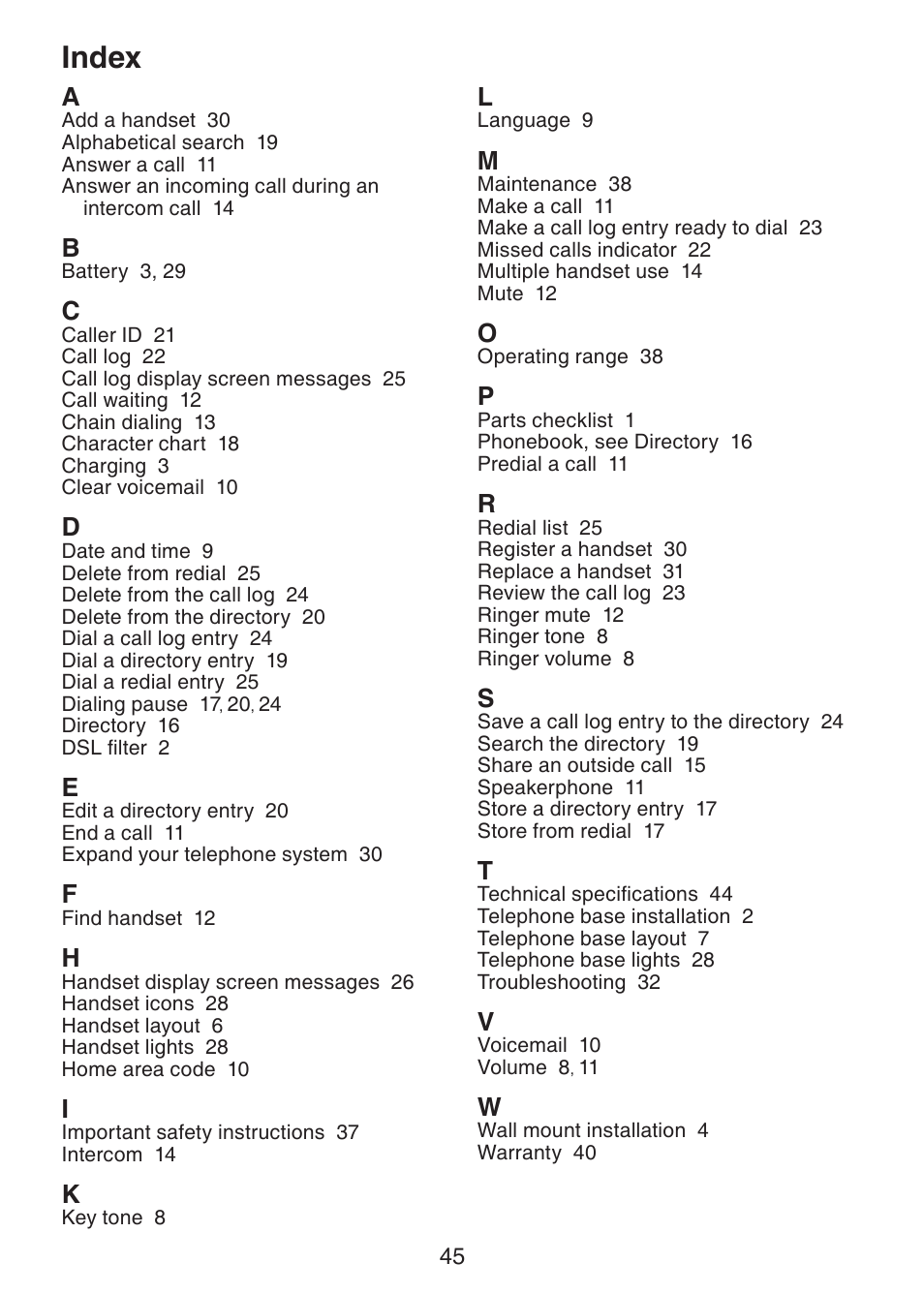 Index | VTech Dect 6.0 DS6211-4 User Manual | Page 48 / 49