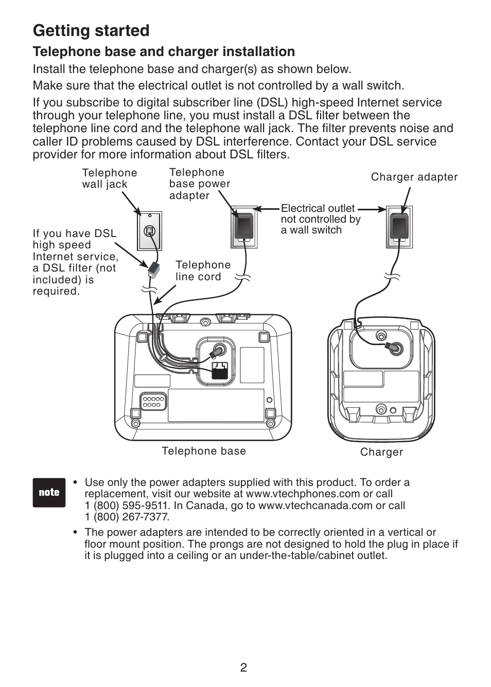 Telephone base and charger, Installation, Getting started | Telephone base and charger installation | VTech Dect 6.0 DS6211-4 User Manual | Page 5 / 49