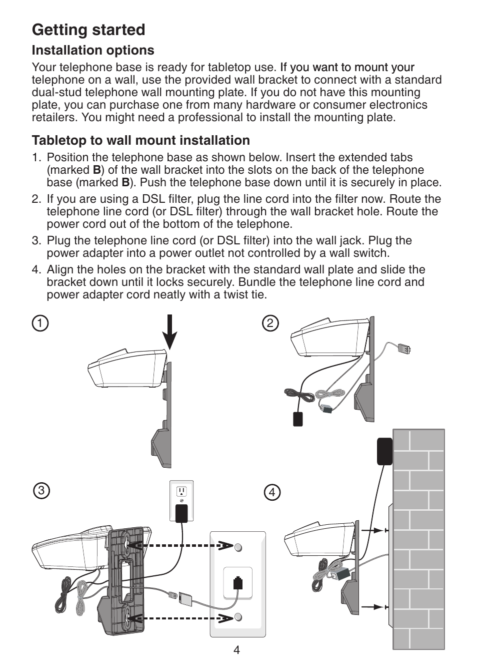 Installation options, Tabletop to wall mount, Installation | Getting started | VTech Dect 6.0 DS6211-4 User Manual | Page 7 / 49