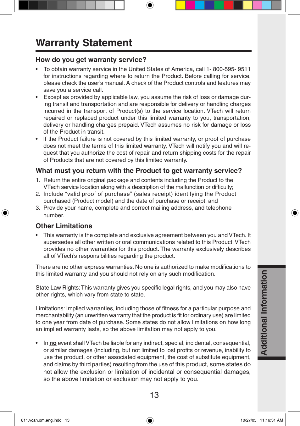 Warranty statement, Ad d iti o n al in fo rm at io n | VTech IP811 User Manual | Page 14 / 20