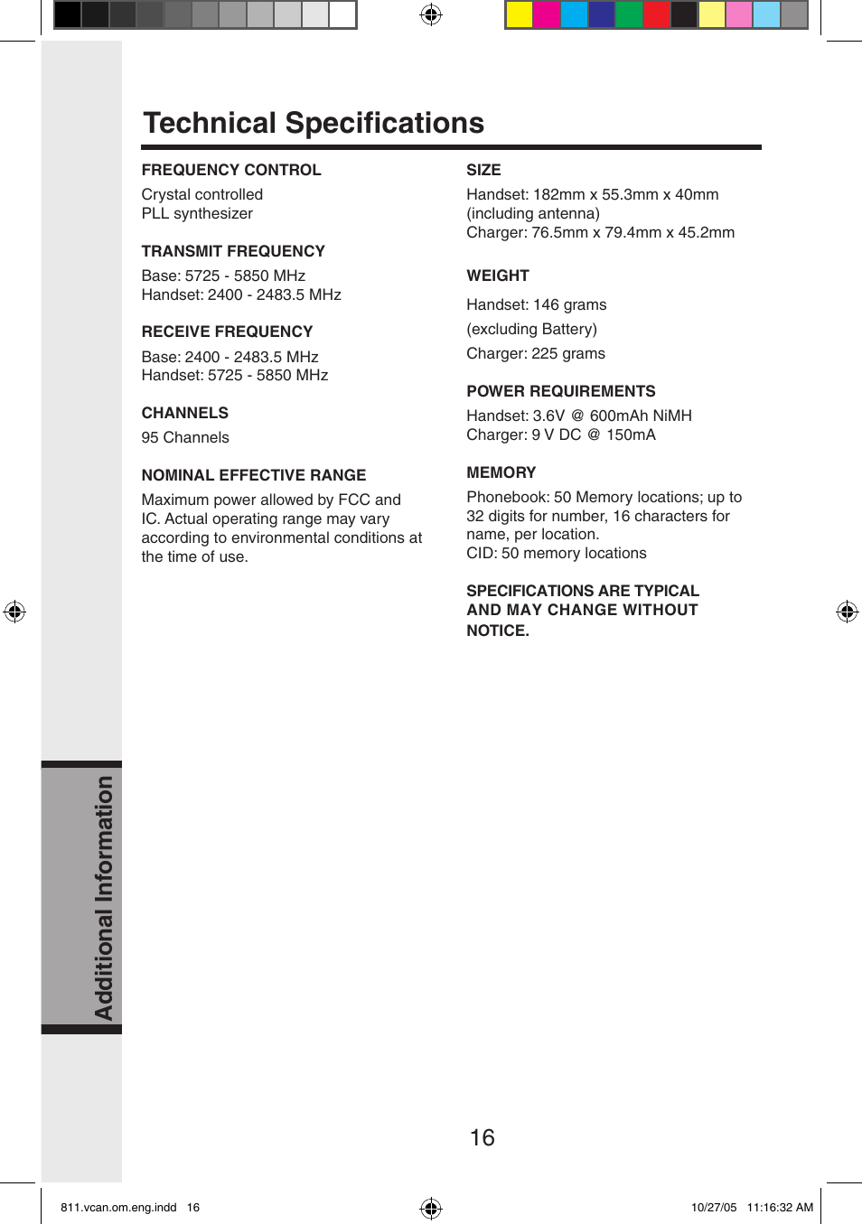 Technical speciﬁcations, Ad d iti o n al in fo rm at io n | VTech IP811 User Manual | Page 17 / 20
