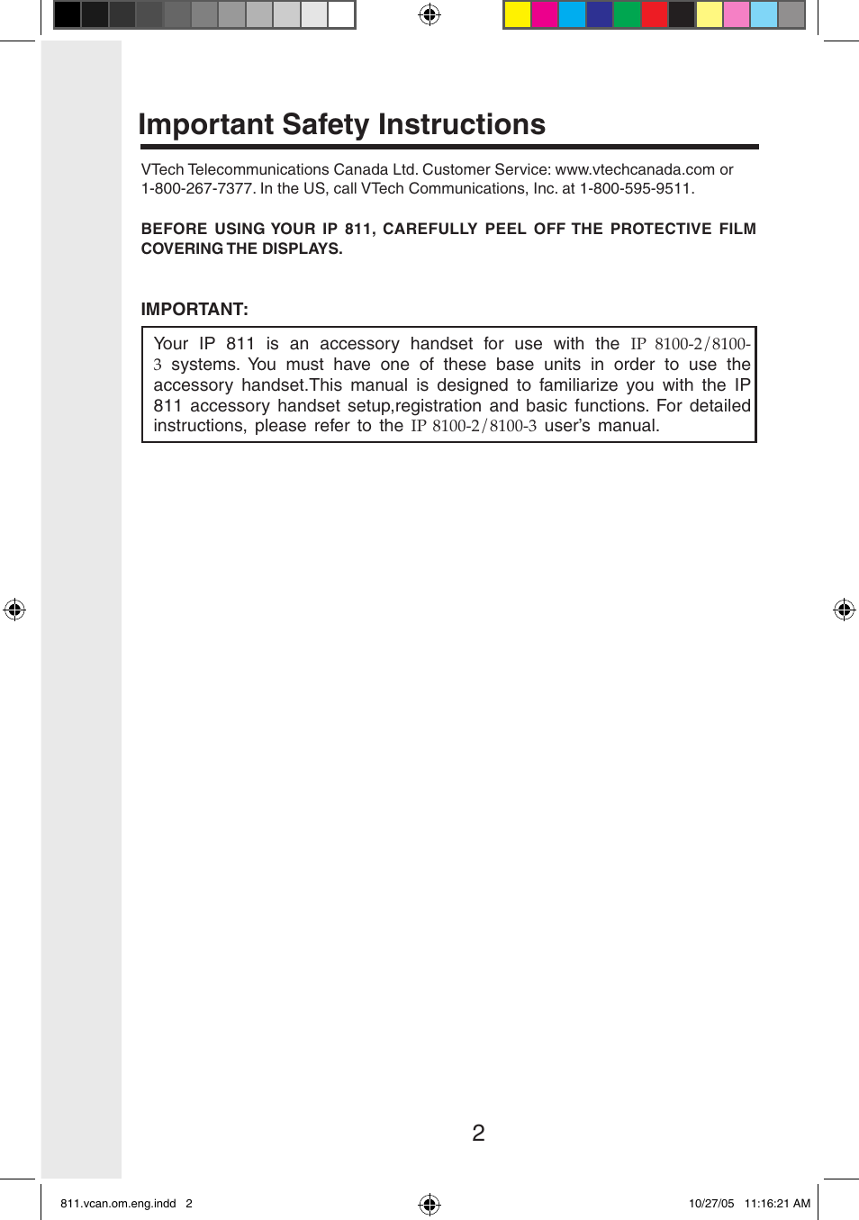 Important safety instructions | VTech IP811 User Manual | Page 3 / 20