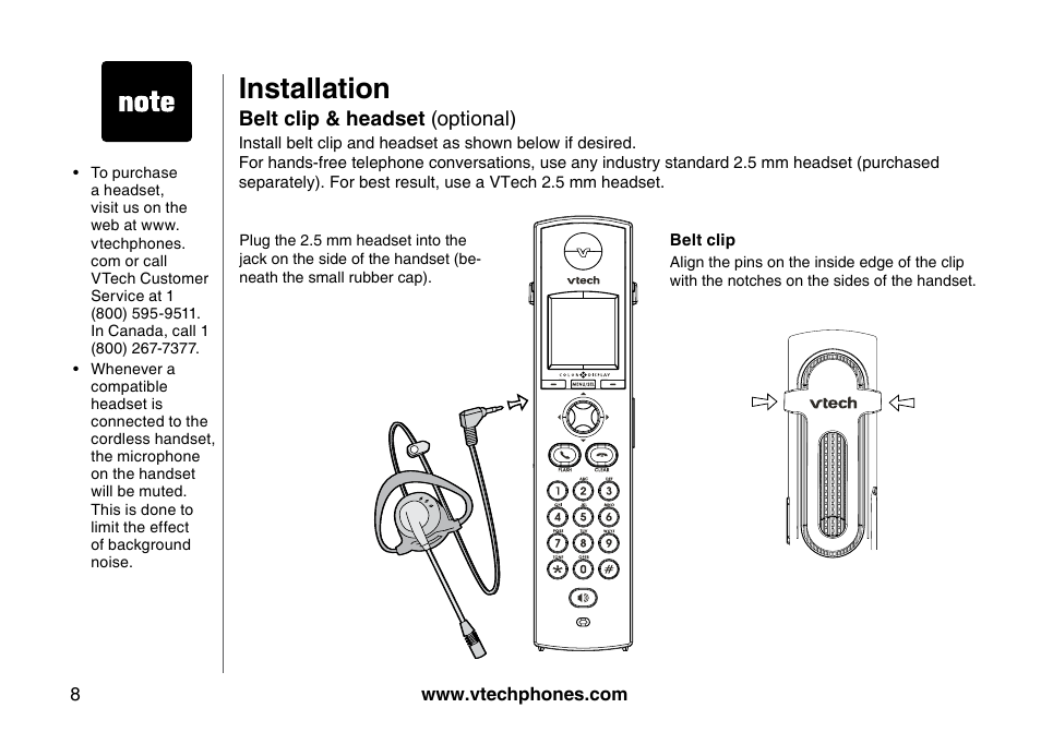 Belt clp & headset, Installation | VTech 5873 User Manual | Page 10 / 87