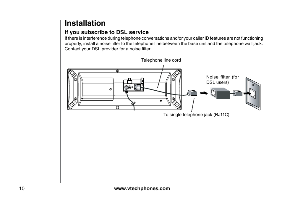 If you subscrbe to dsl servce, Installation | VTech 5873 User Manual | Page 12 / 87