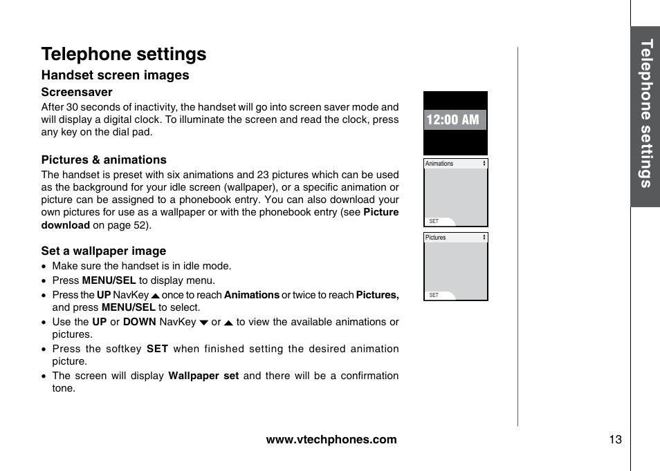 Handset screen mages, Telephone settings, Te le ph on e s ett in gs | VTech 5873 User Manual | Page 15 / 87