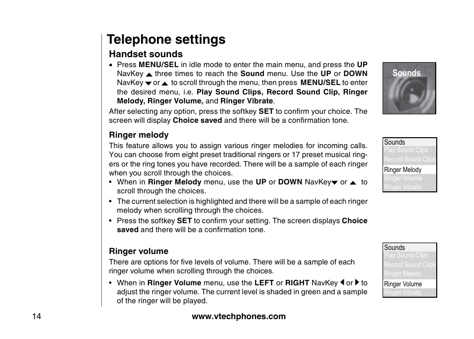 Handset sounds, Telephone settings | VTech 5873 User Manual | Page 16 / 87