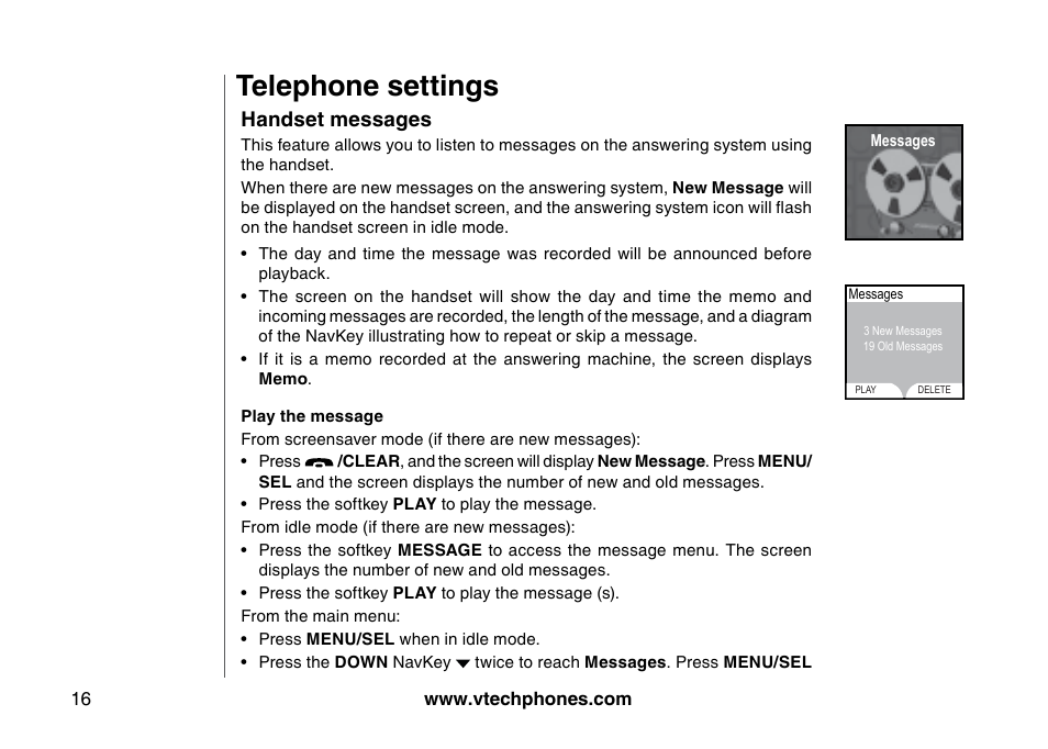 Handset messages, Telephone settings | VTech 5873 User Manual | Page 18 / 87