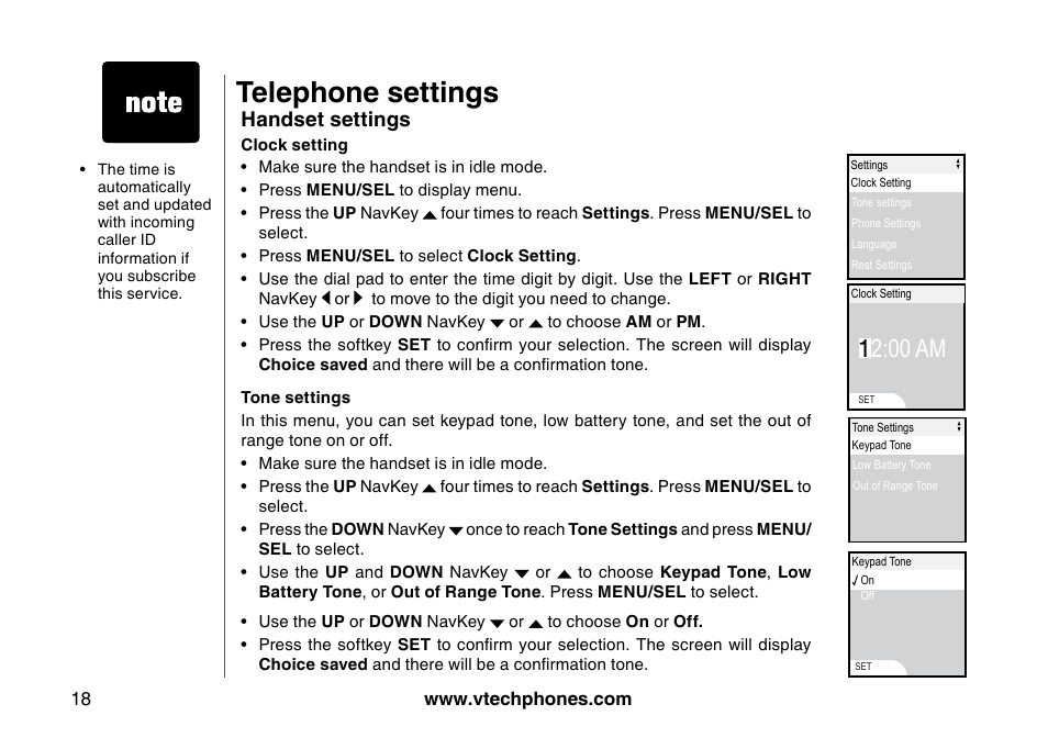 Handset settngs, Telephone settings, 00 am | VTech 5873 User Manual | Page 20 / 87