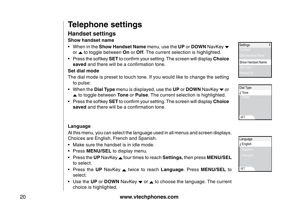 Telephone settings, Handset settings | VTech 5873 User Manual | Page 22 / 87