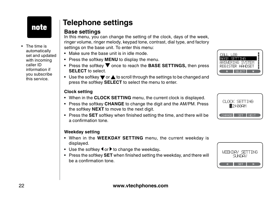 Base settngs, Telephone settings | VTech 5873 User Manual | Page 24 / 87