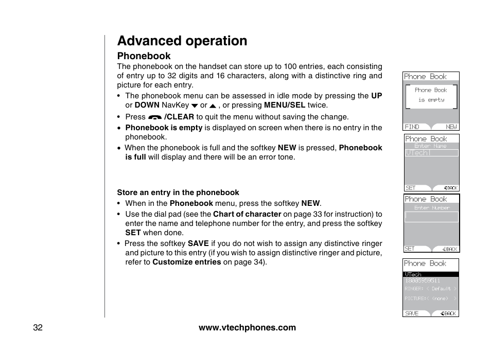 Advanced operation, Phonebook, Store an entry n the phonebook | VTech 5873 User Manual | Page 34 / 87