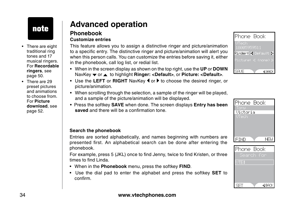 Customze entres, Search the phonebook, Advanced operation | VTech 5873 User Manual | Page 36 / 87
