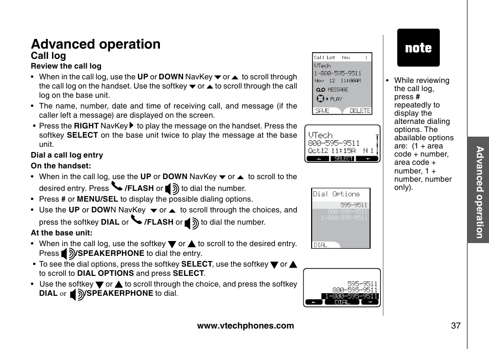 Revew the call log, Dal a call log entry, Advanced operation | VTech 5873 User Manual | Page 39 / 87