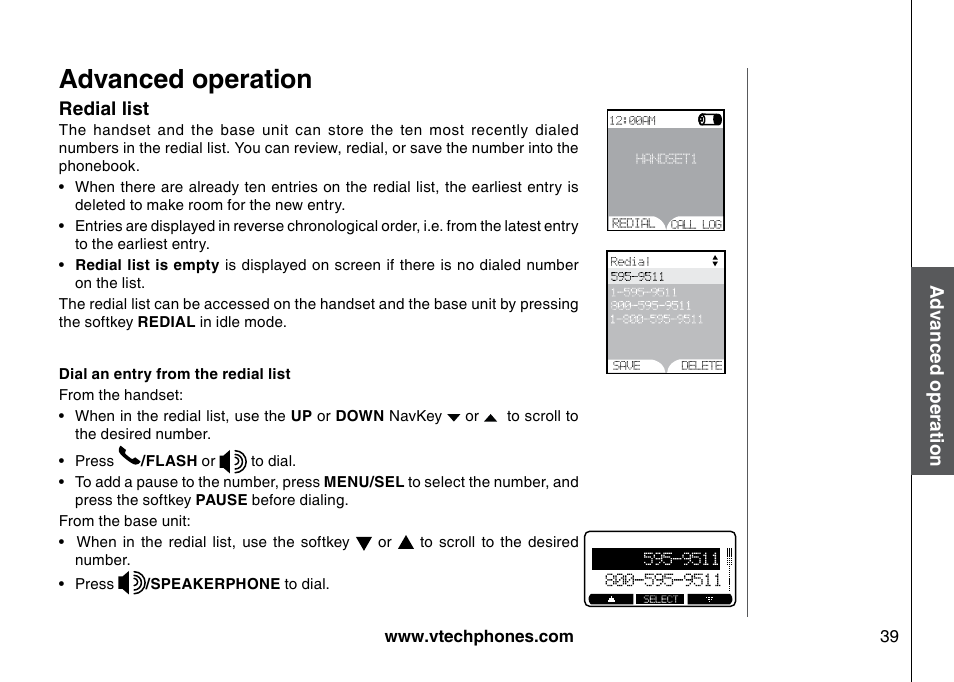 Redal lst, Dal an entry from the redal lst, Advanced operation | Redial list | VTech 5873 User Manual | Page 41 / 87