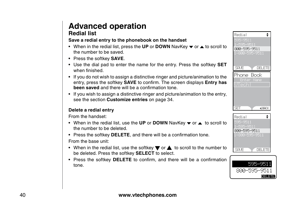 Save a redal entry to the handset phonebook, Delete a redal entry, Advanced operation | Redial list | VTech 5873 User Manual | Page 42 / 87