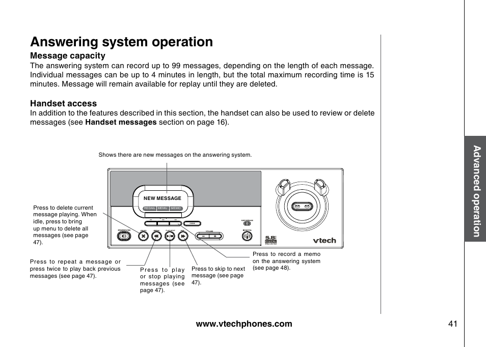 Answering system operation, Advanced operation, Message capacity | Handset access | VTech 5873 User Manual | Page 43 / 87