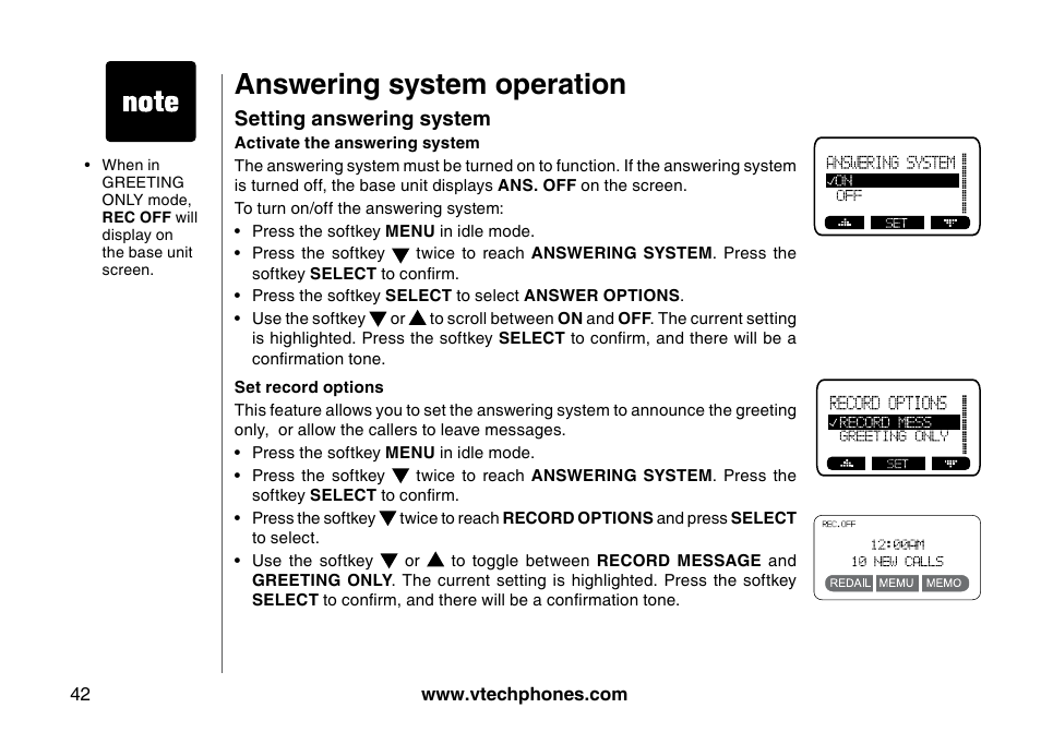 Settng answerng system, Answering system operation | VTech 5873 User Manual | Page 44 / 87