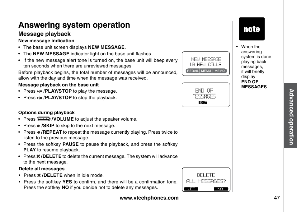 Message playback, Answering system operation | VTech 5873 User Manual | Page 49 / 87