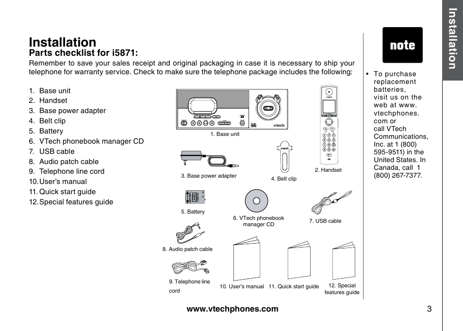 Parts checklst, Installation, Bas ic o pe ra tio n | VTech 5873 User Manual | Page 5 / 87
