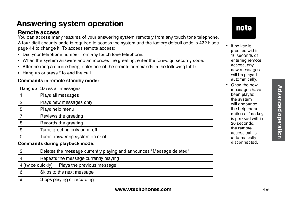 Remote access, Answering system operation | VTech 5873 User Manual | Page 51 / 87