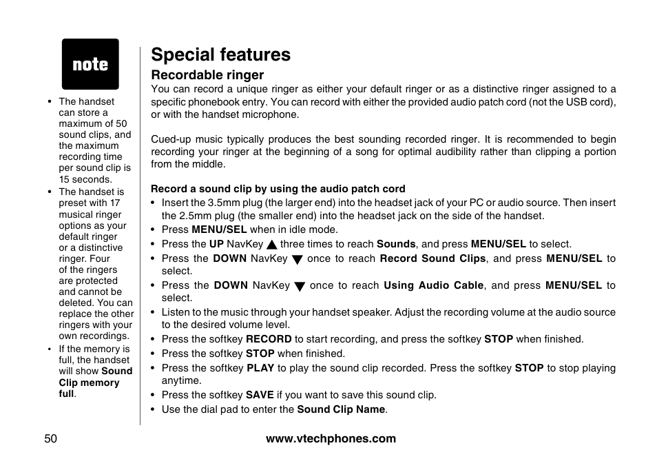 Special feature, Recordable rnger, Special features | VTech 5873 User Manual | Page 52 / 87