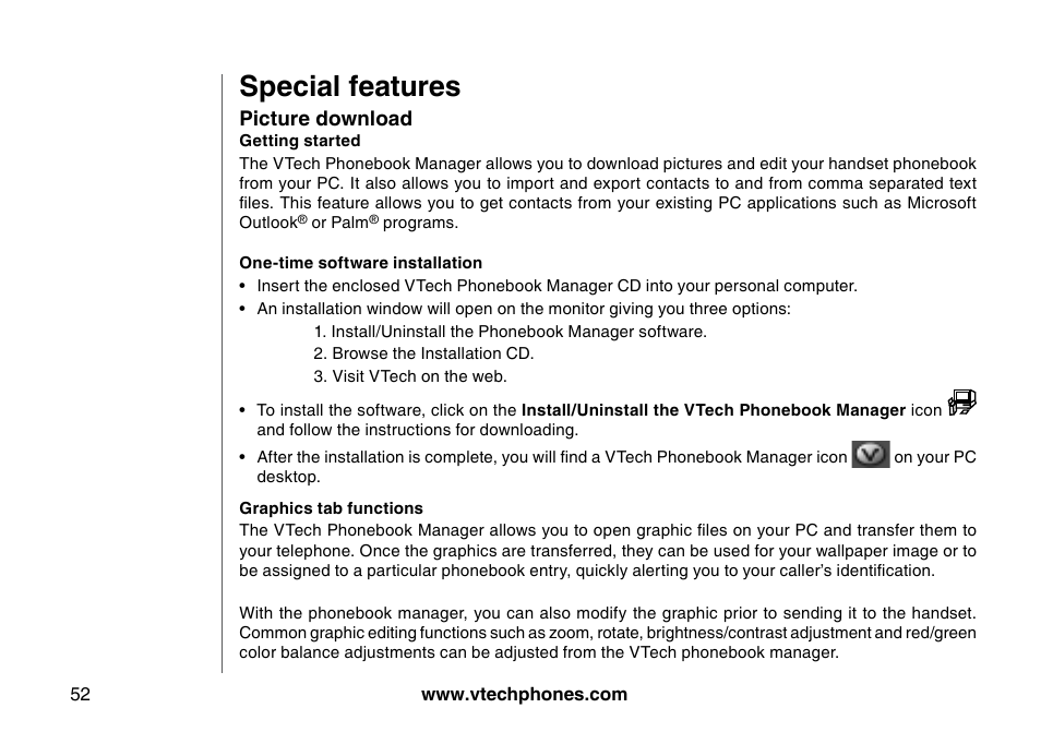 Pcture download, Special features | VTech 5873 User Manual | Page 54 / 87