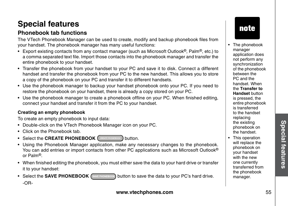 Phonebook tab functons, Special features | VTech 5873 User Manual | Page 57 / 87