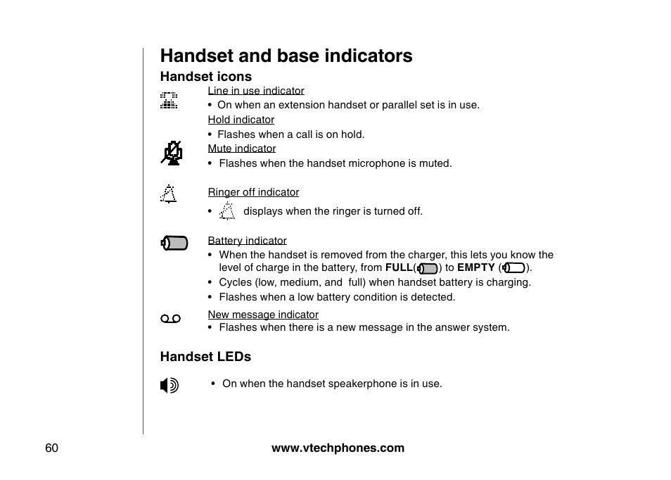 Handset and base ndcators, Handset and base indicators | VTech 5873 User Manual | Page 62 / 87