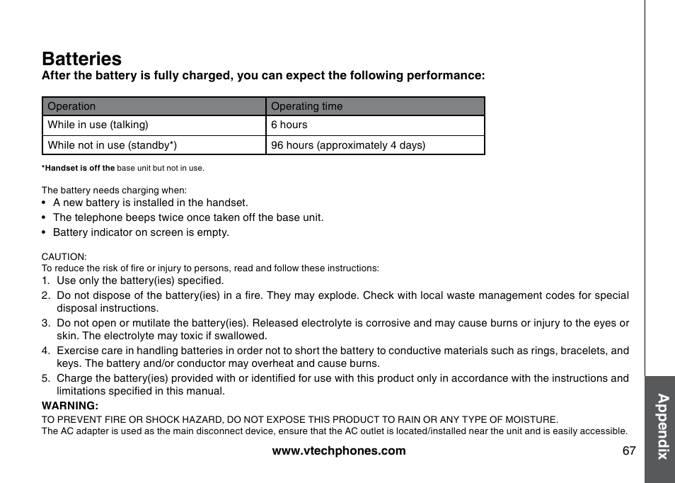 Batteres, Batteries, Appendix | VTech 5873 User Manual | Page 69 / 87