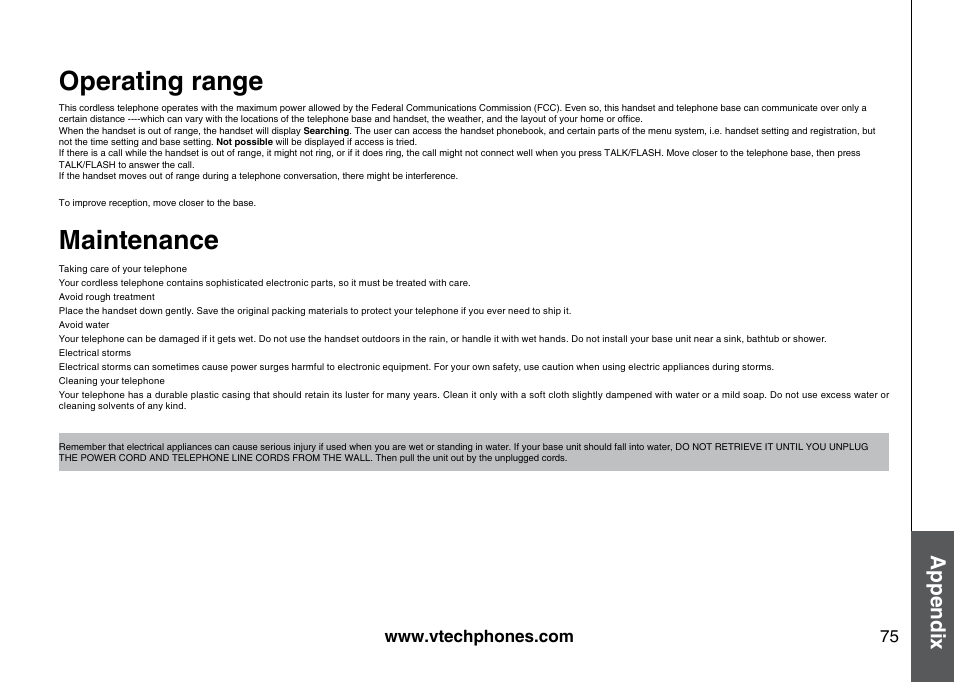 Operatng range, Mantenance, Operating range | Maintenance, Appendix | VTech 5873 User Manual | Page 77 / 87