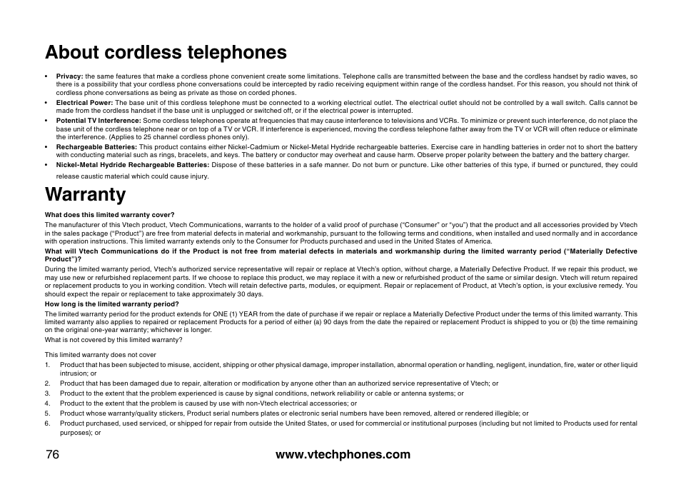 About cordless telephones, Warranty | VTech 5873 User Manual | Page 78 / 87