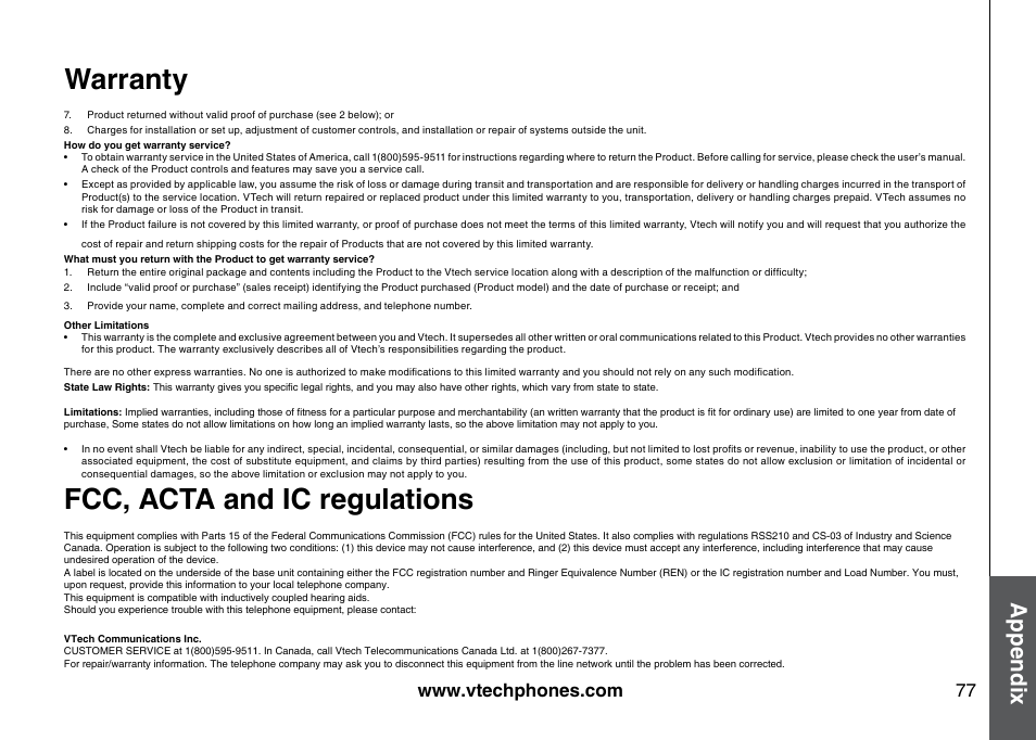 Fcc, acta and ic regulatons, Fcc, acta and ic regulations, Warranty | Appendix | VTech 5873 User Manual | Page 79 / 87