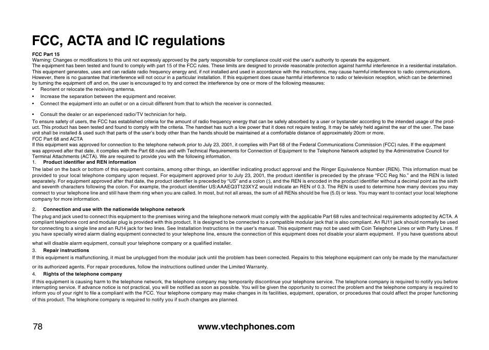 Fcc, acta and ic regulations | VTech 5873 User Manual | Page 80 / 87