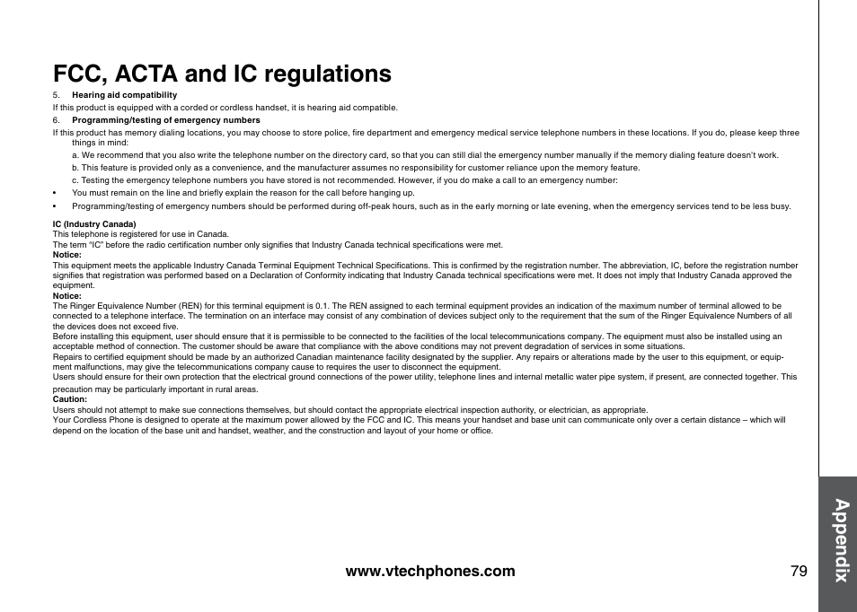Fcc, acta and ic regulations, Appendix | VTech 5873 User Manual | Page 81 / 87