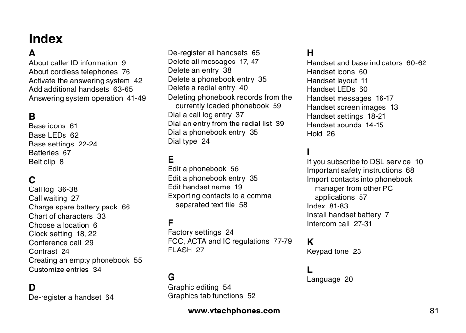 Index | VTech 5873 User Manual | Page 83 / 87