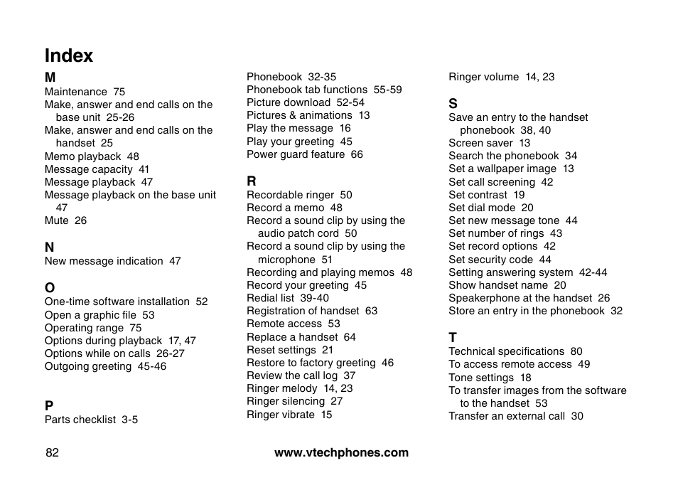 Index | VTech 5873 User Manual | Page 84 / 87