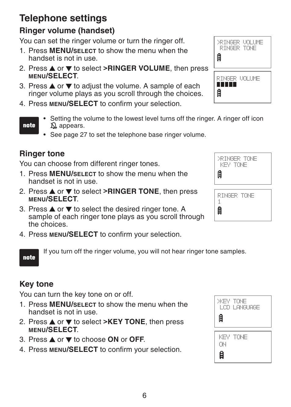 Telephone settings ringer volume (handset), Ringer tone, Key tone | Telephone settings, Ringer volume (handset) | VTech LS6225-3 User Manual | Page 10 / 58